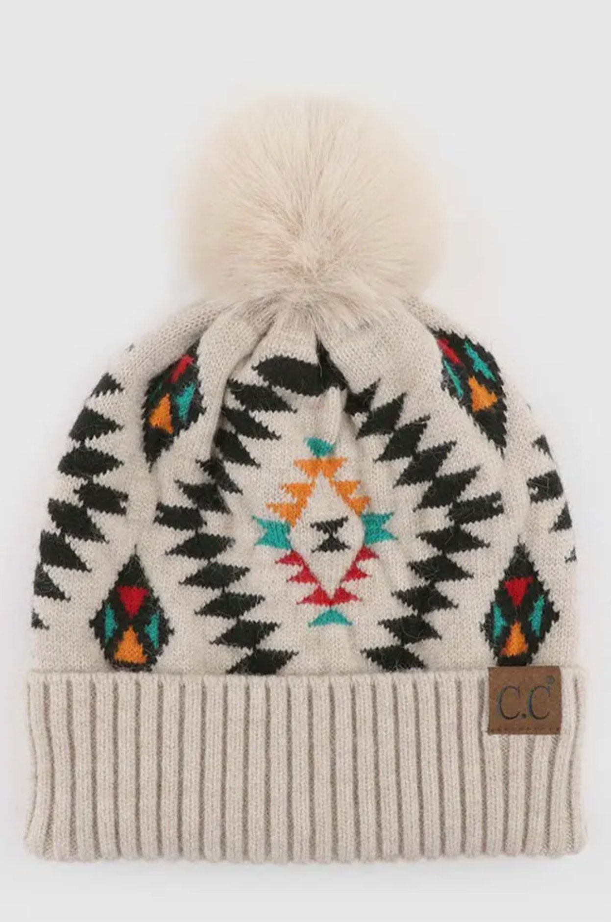 C.C. Soft Aztec Pattern Beanie with Faux Fur Pom
