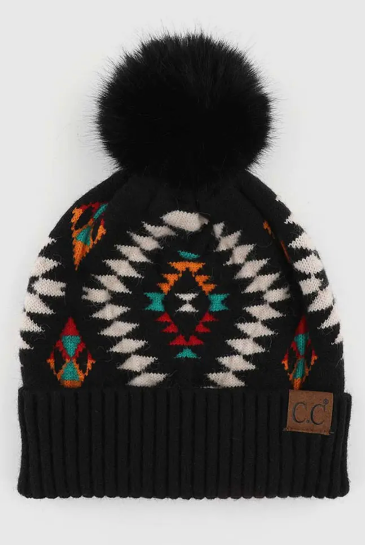 C.C. Soft Aztec Pattern Beanie with Faux Fur Pom