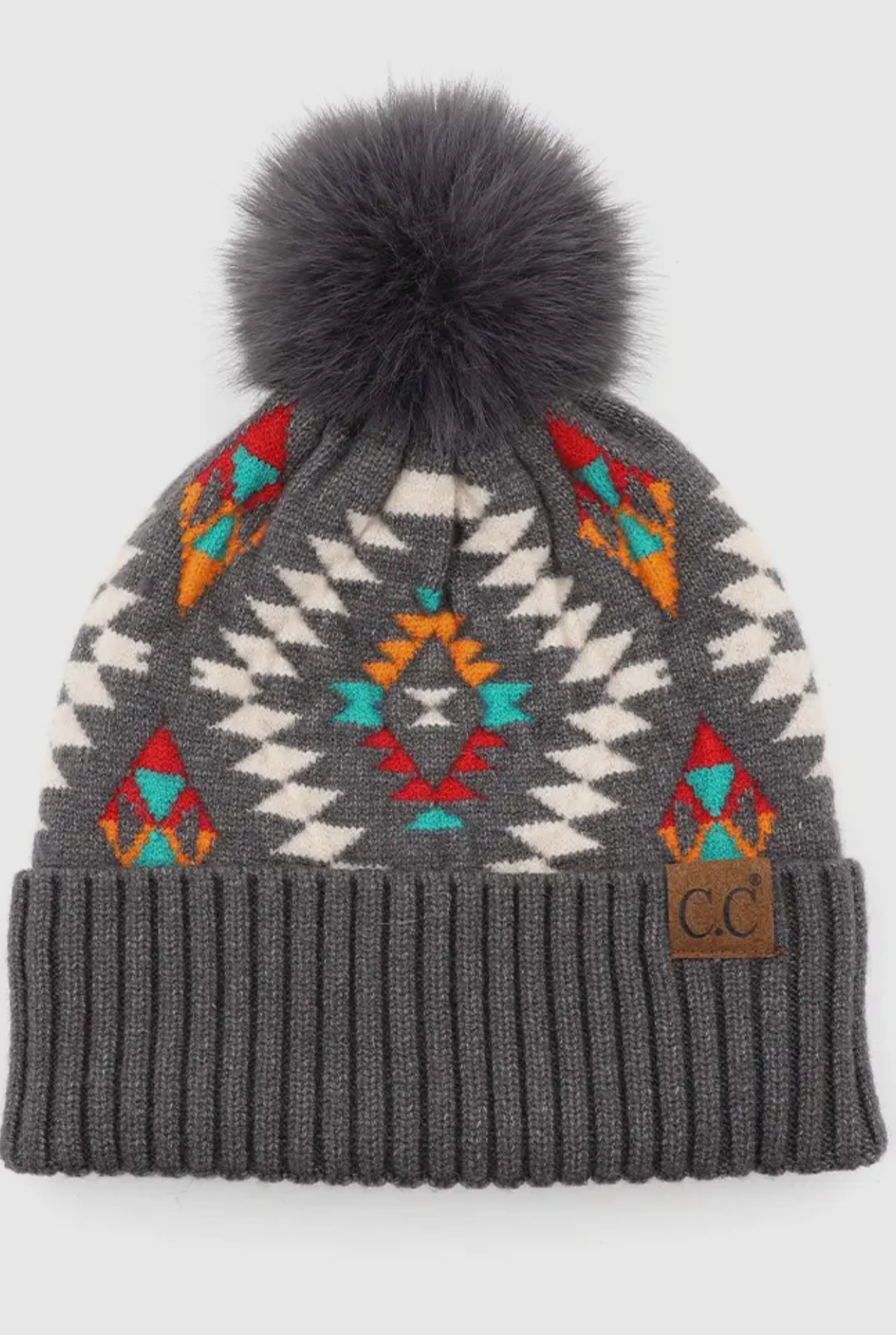 C.C. Soft Aztec Pattern Beanie with Faux Fur Pom