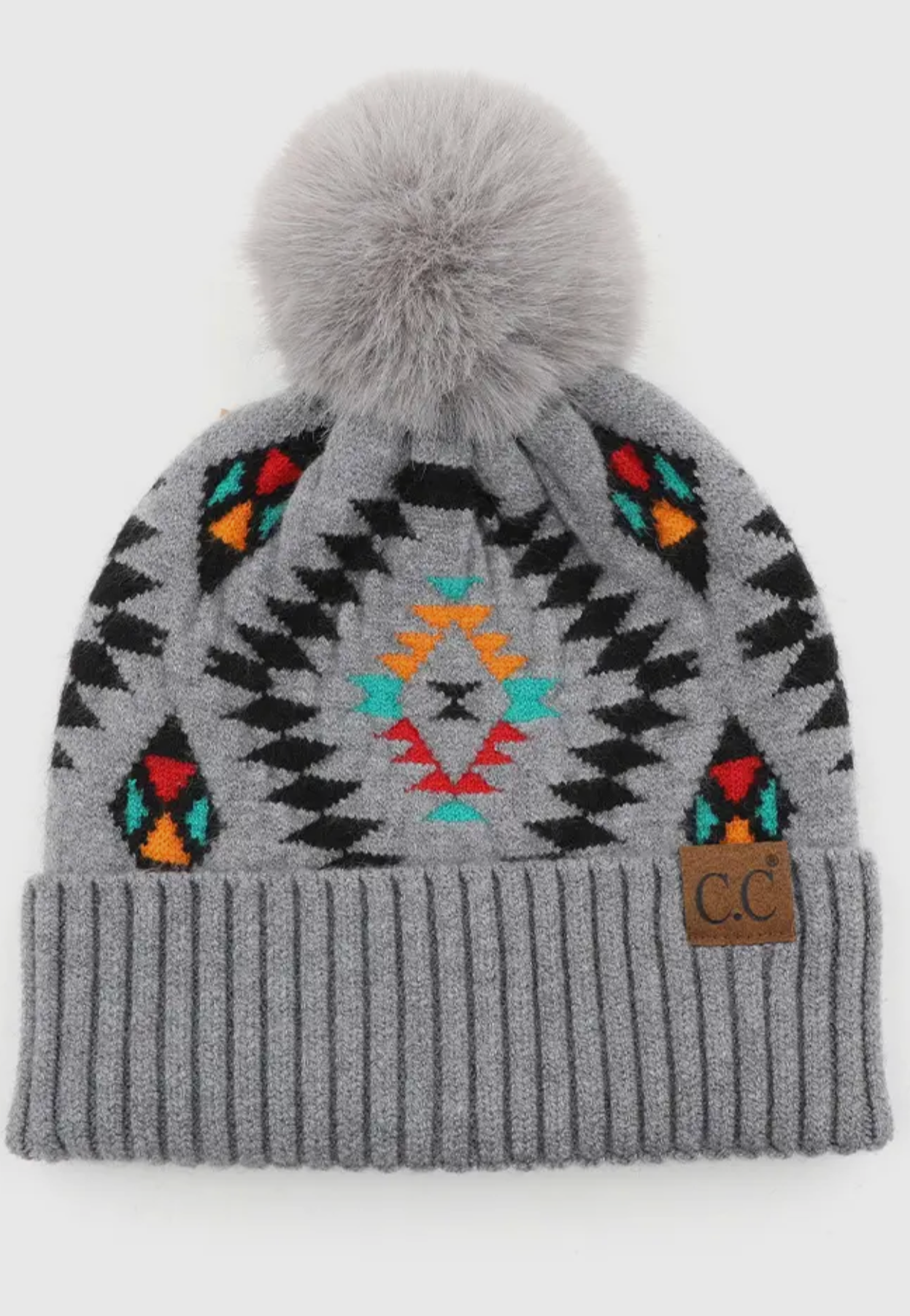 C.C. Soft Aztec Pattern Beanie with Faux Fur Pom