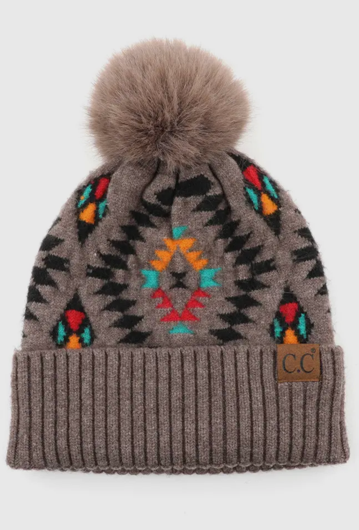 C.C. Soft Aztec Pattern Beanie with Faux Fur Pom