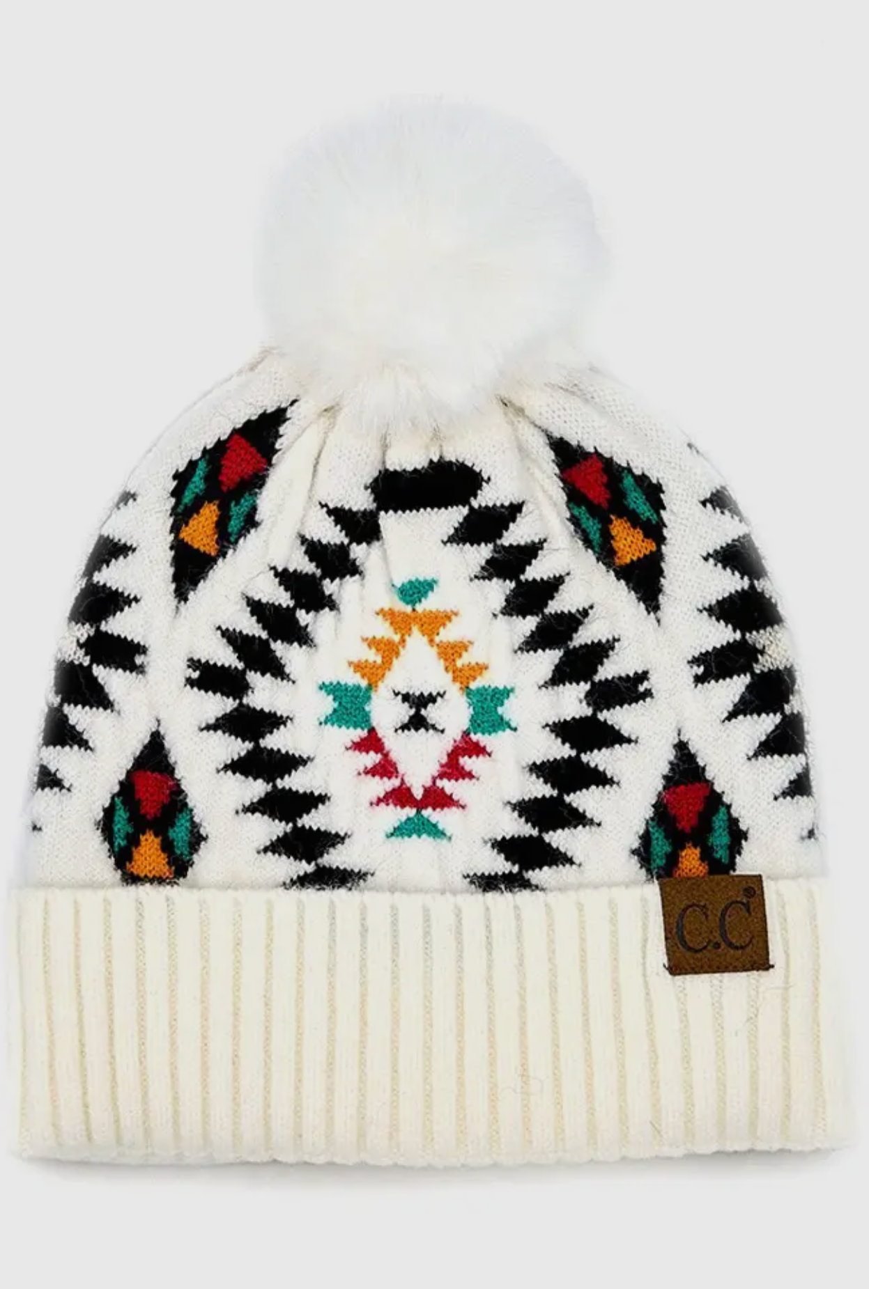 C.C. Soft Aztec Pattern Beanie with Faux Fur Pom